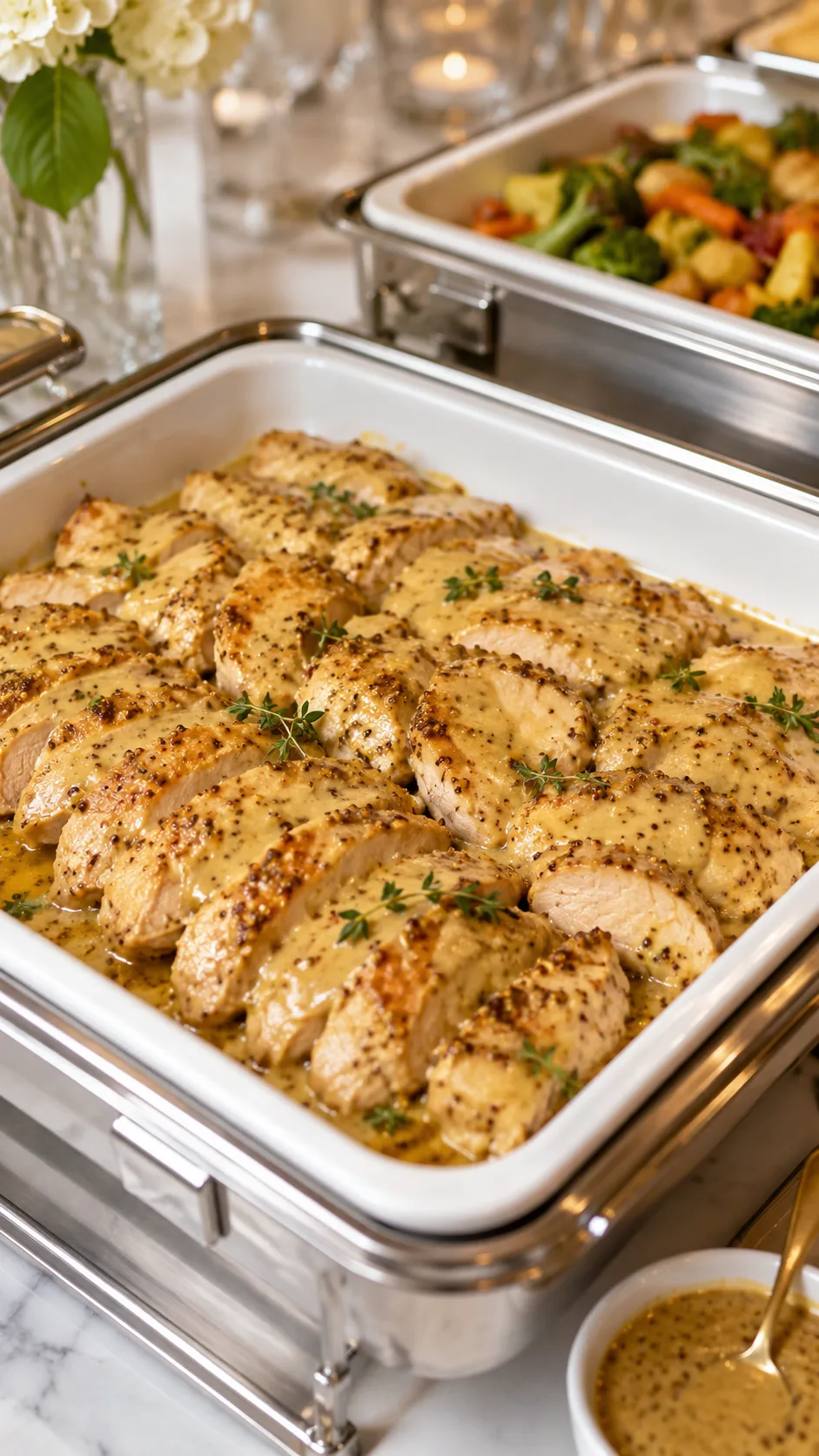Pollo en salsa de mostaza y miel servido en bandeja de buffet