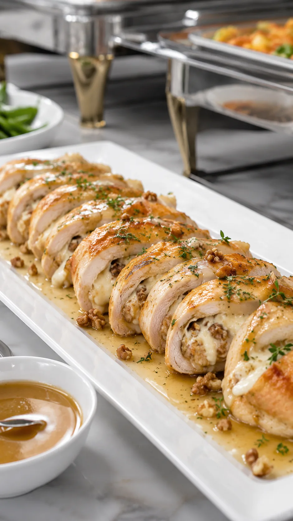 Pollo relleno con queso brie y nueces en bandeja blanca