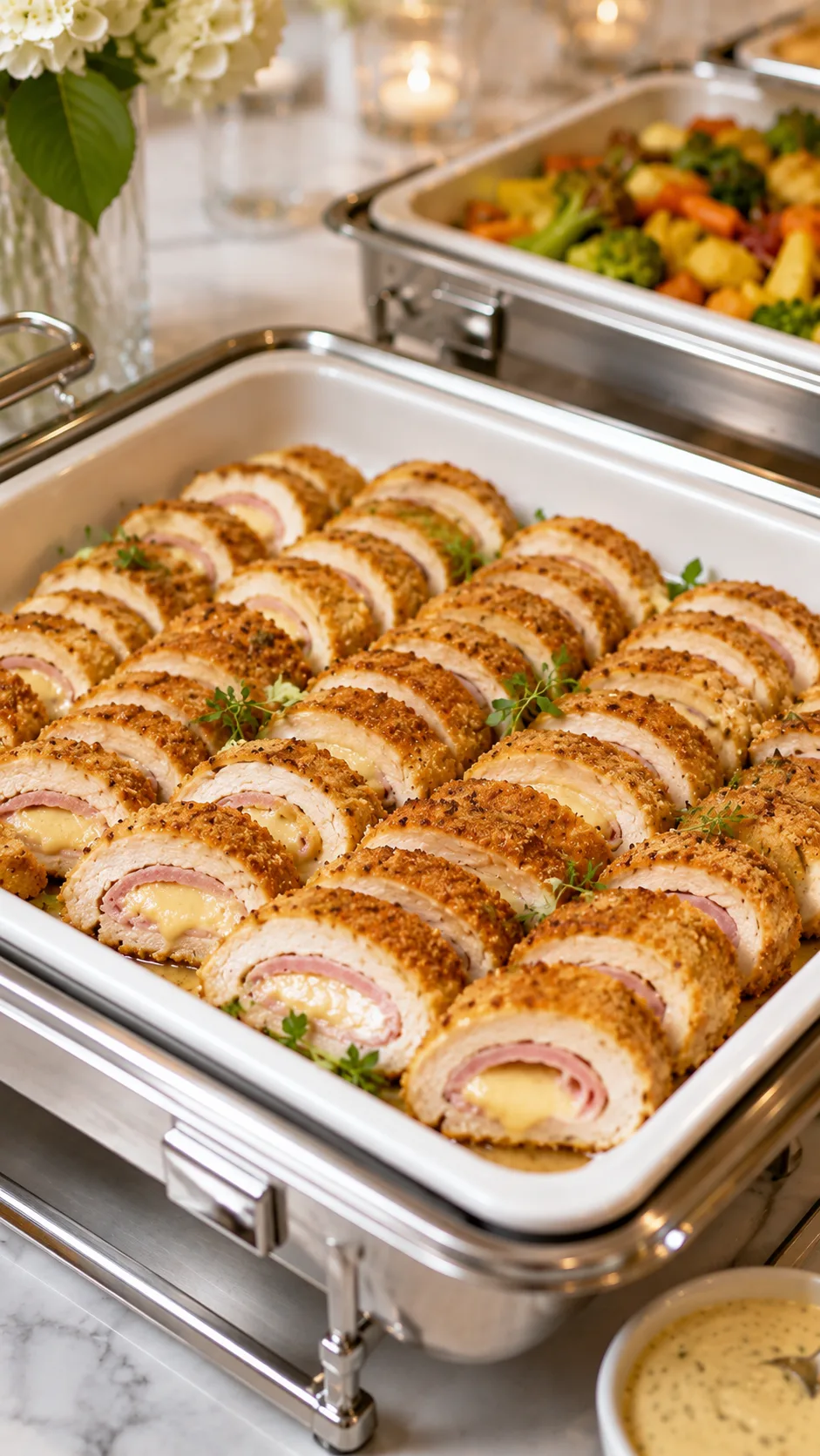 Ruedas de pollo cordón bleu servidas en bandeja de buffet