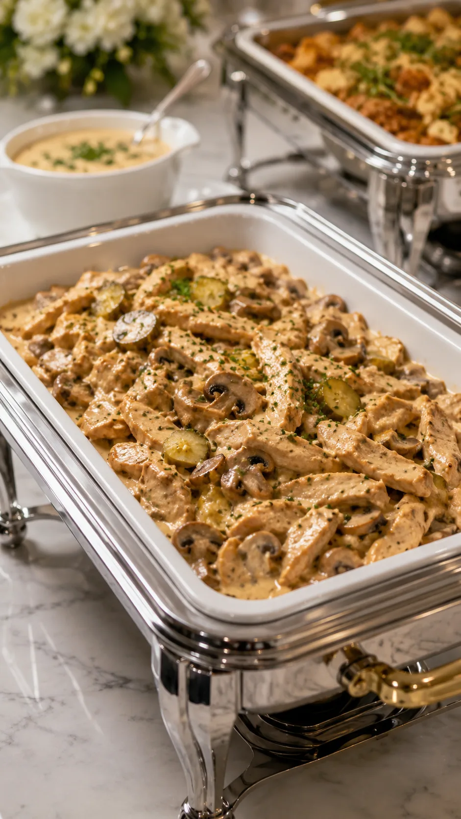 Strogonoff de pollo con champiñones servido en chafing dish