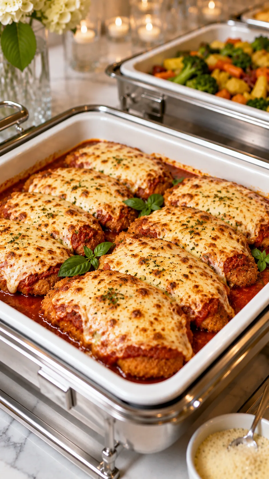 Pollo a la parmesana gratinado en salsa de tomate