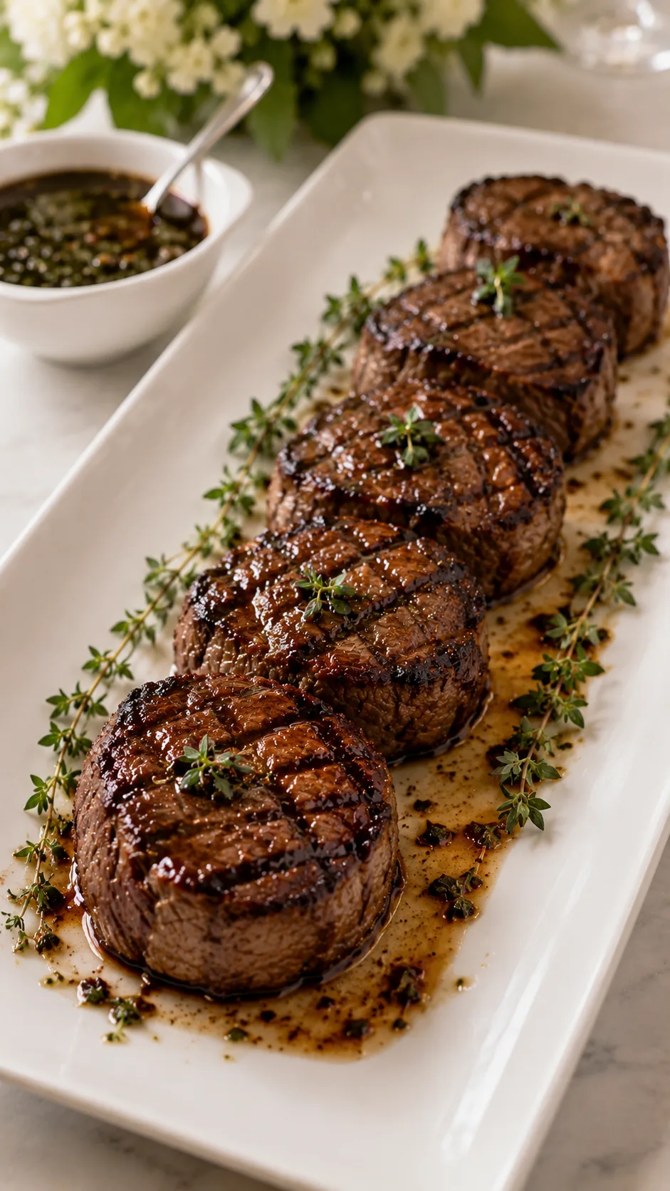 Medallones de lomito al grill con hierbas sobre bandeja blanca