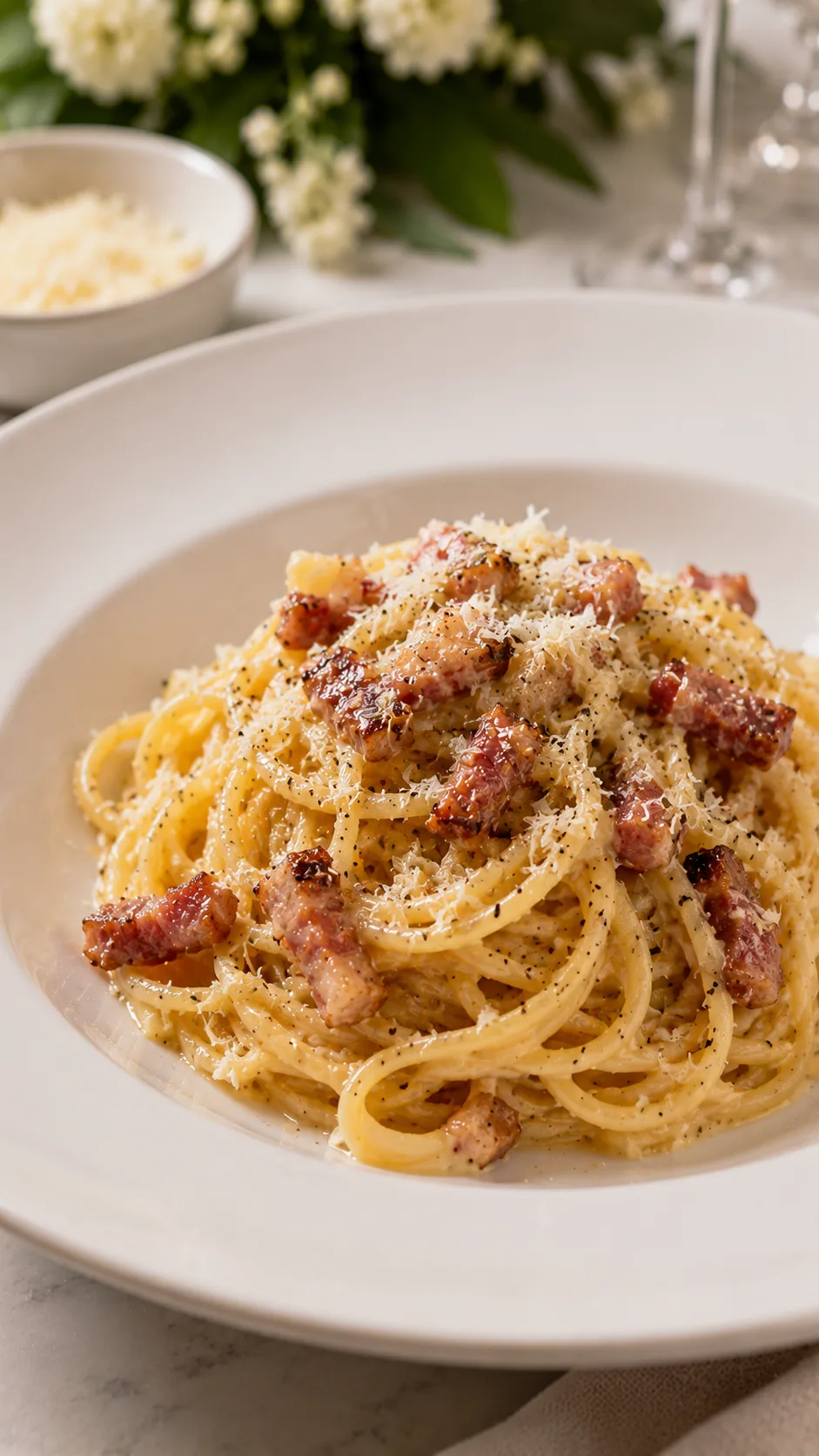 Pasta carbonara servida en plato hondo con panceta y parmesano