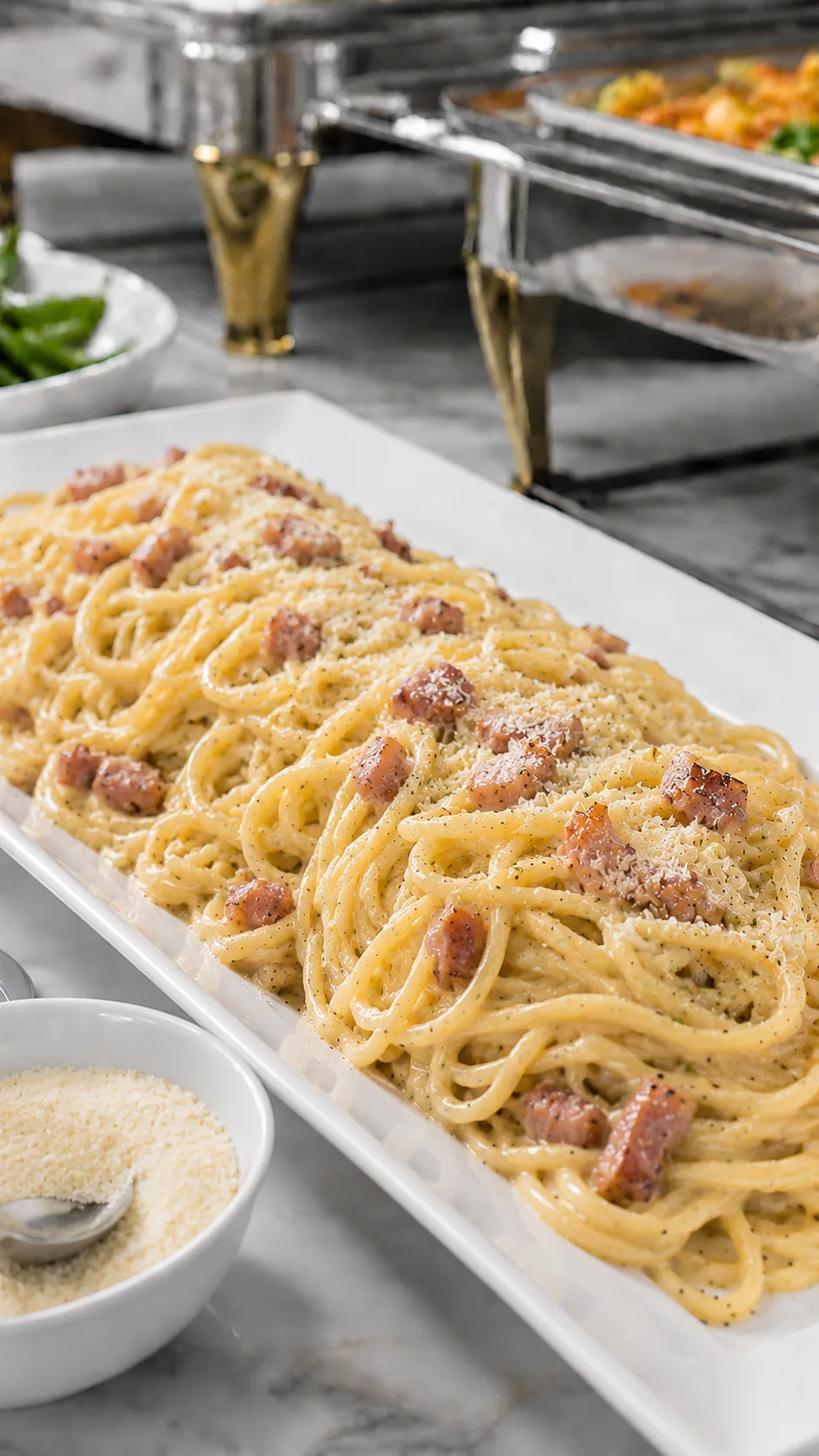 Pasta carbonara servida en bandeja para buffet