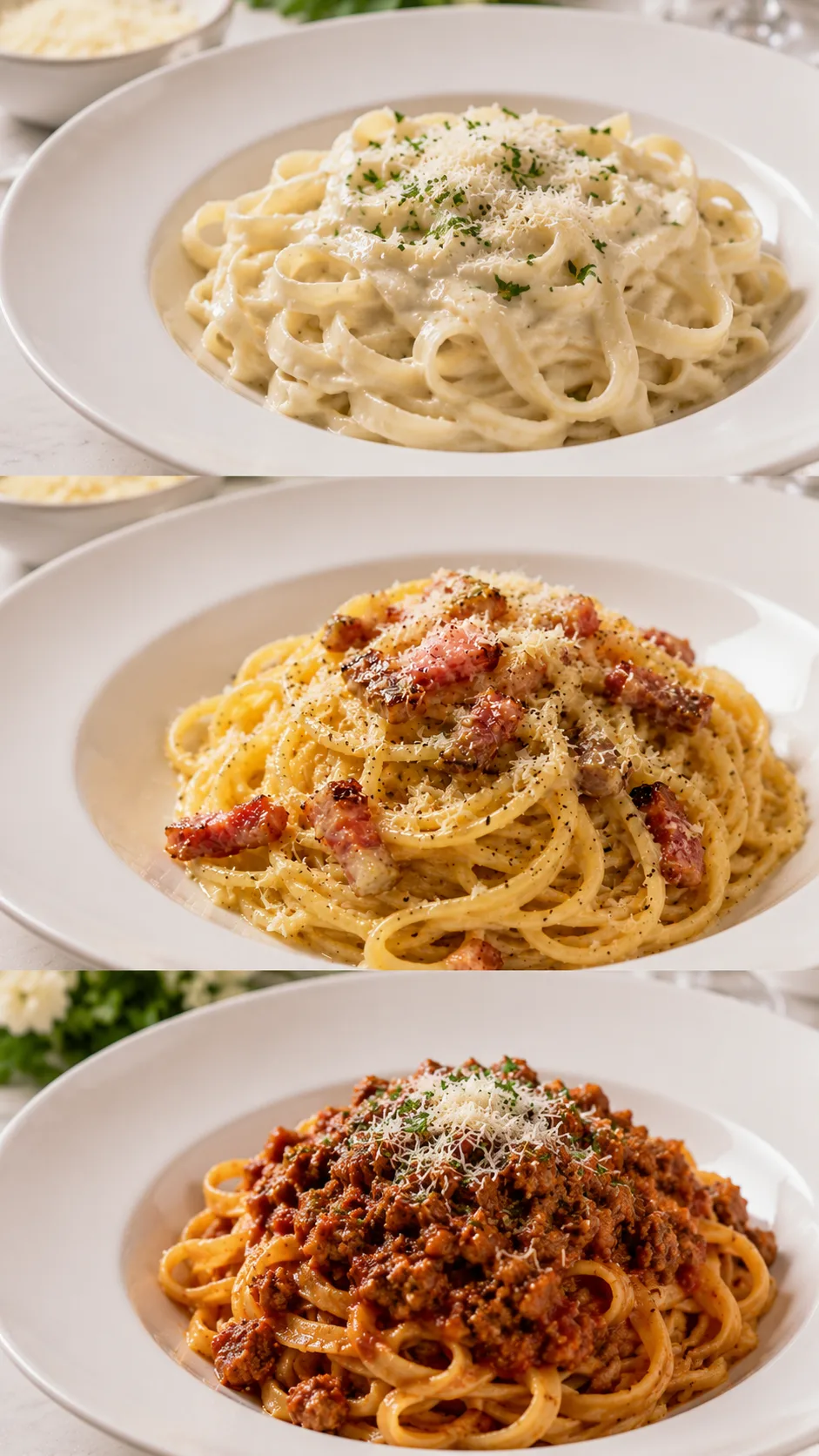 Tres opciones de pasta servidas en platos blancos