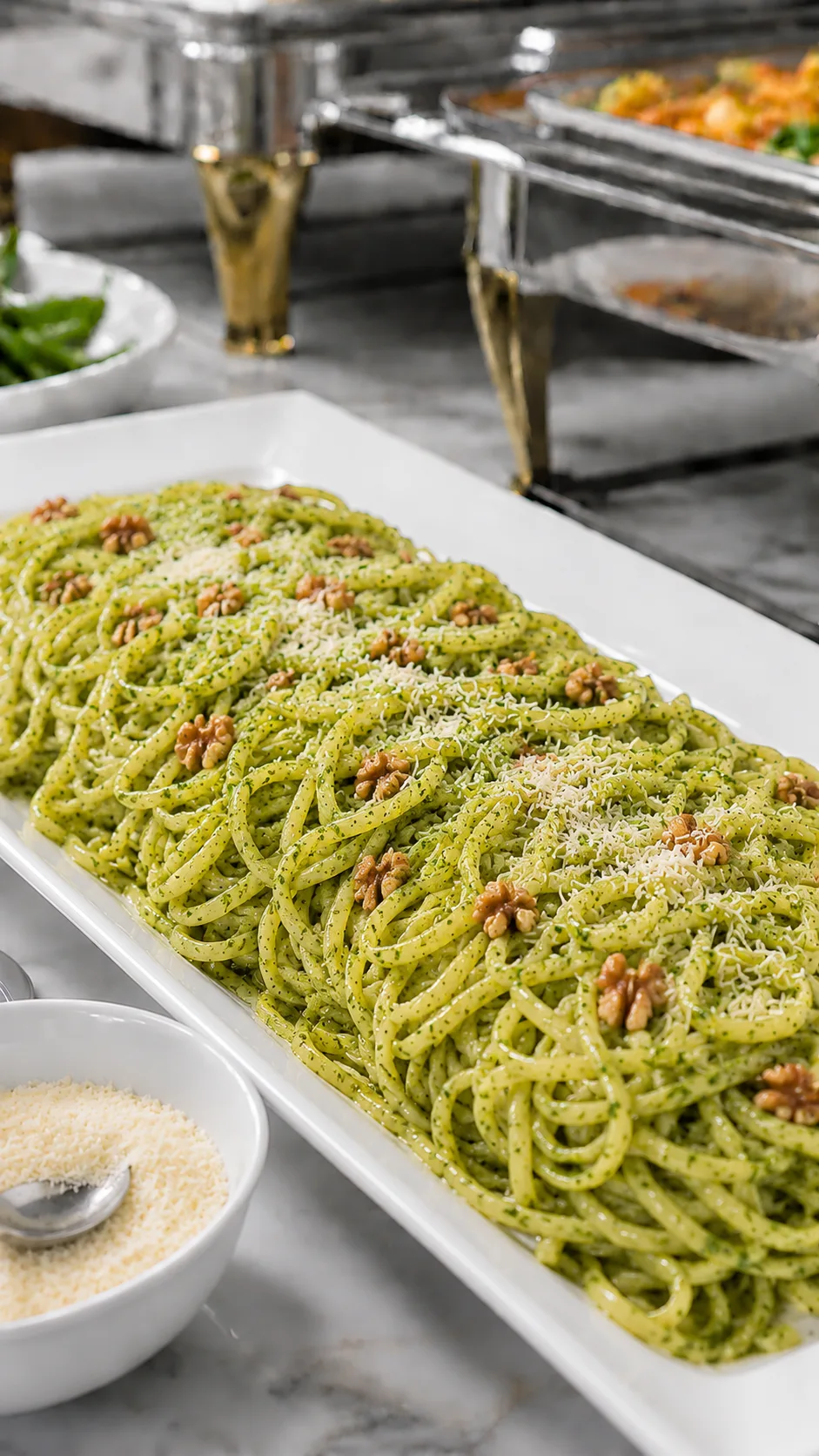 Pasta al pesto servida en bandeja con nueces y parmesano