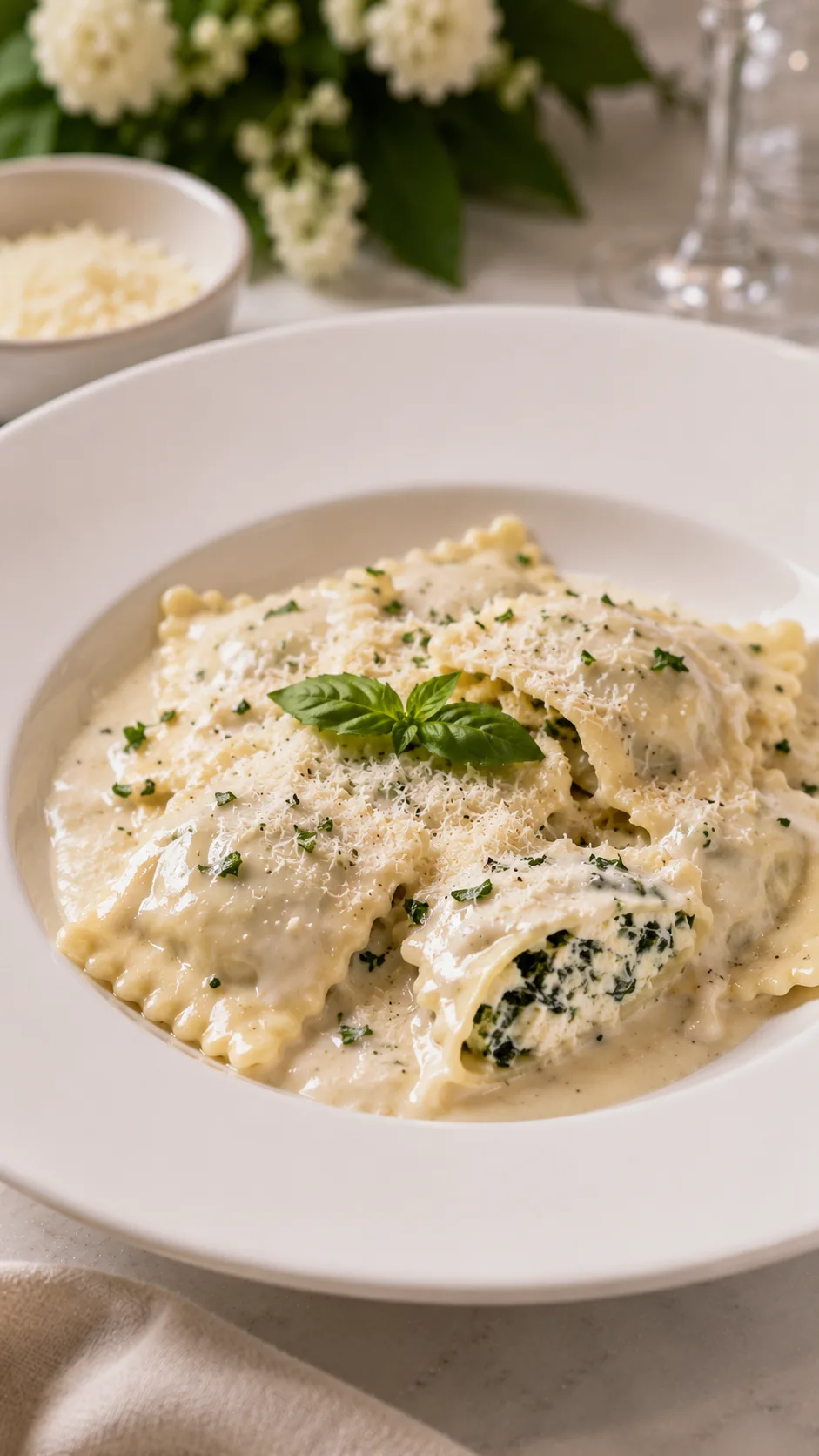Ravioli relleno de espinaca con salsa cremosa y albahaca