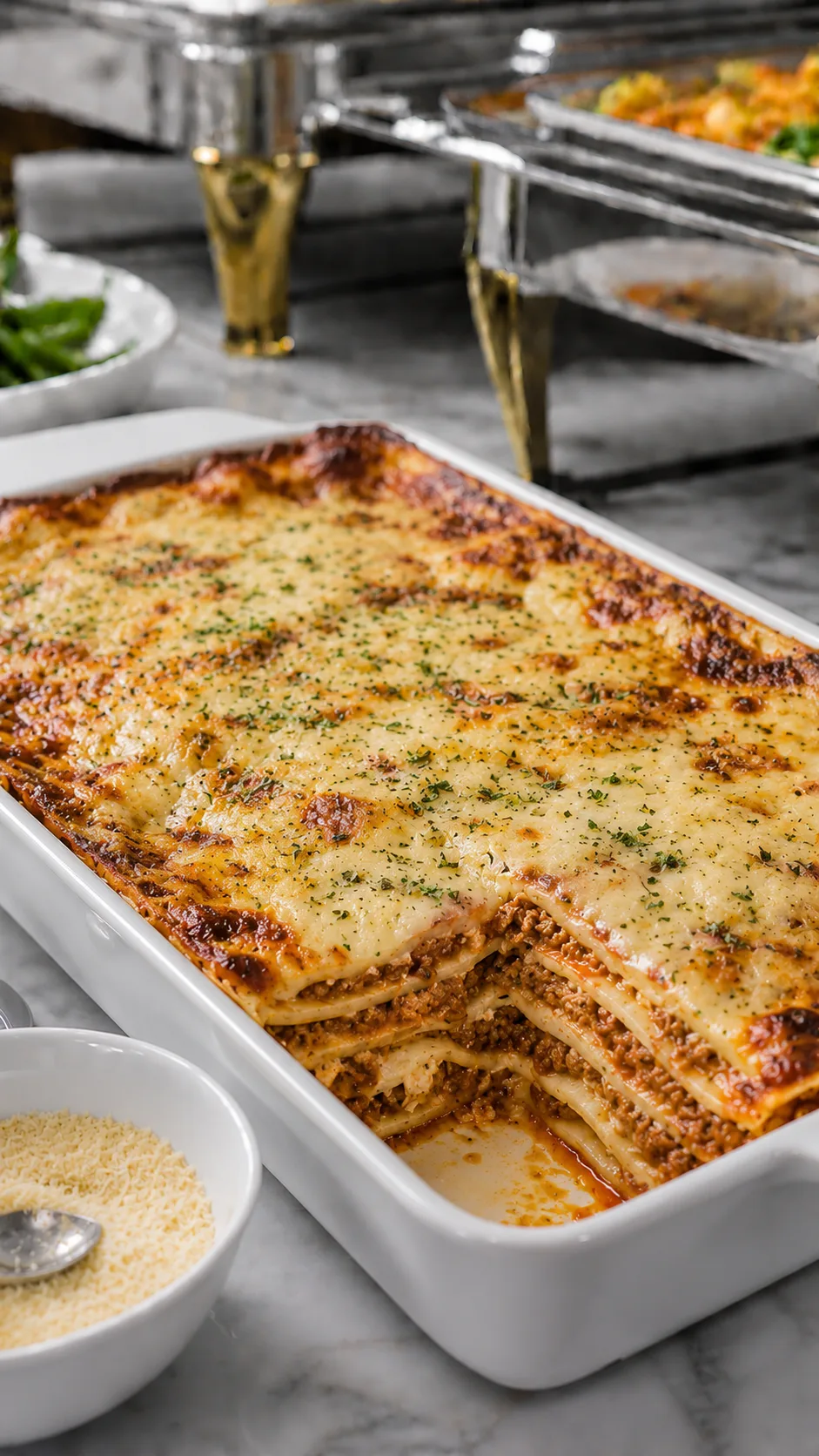 Lasaña gratinada servida en bandeja blanca