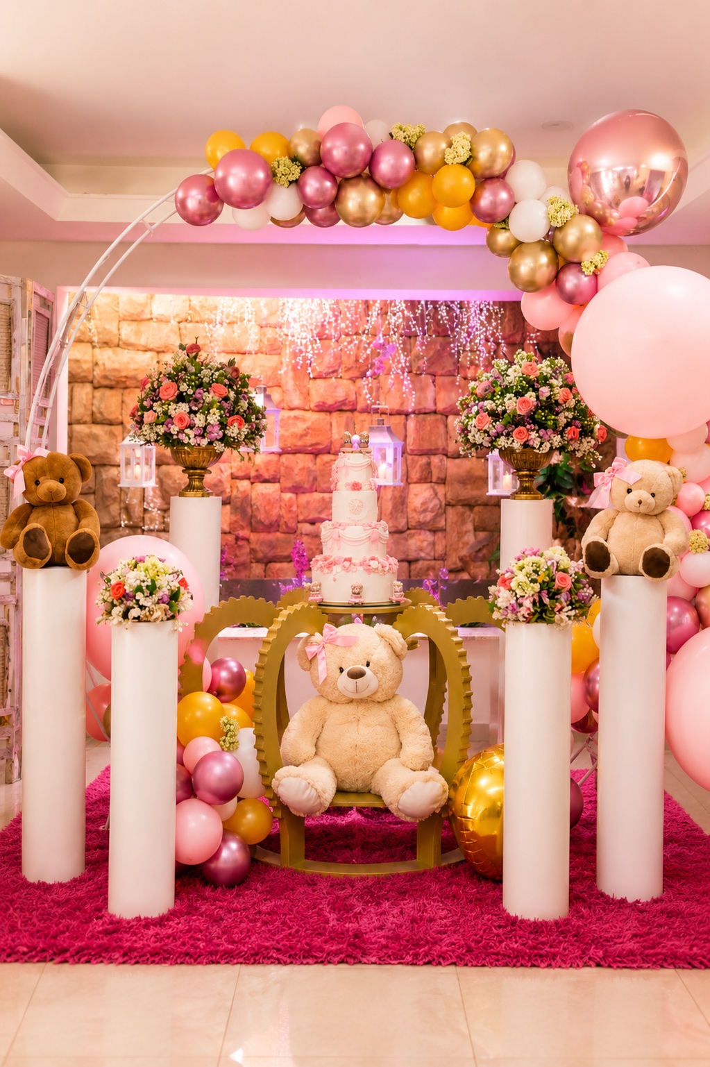 Mesa dulce infantil rosada con osos, globos y torta central