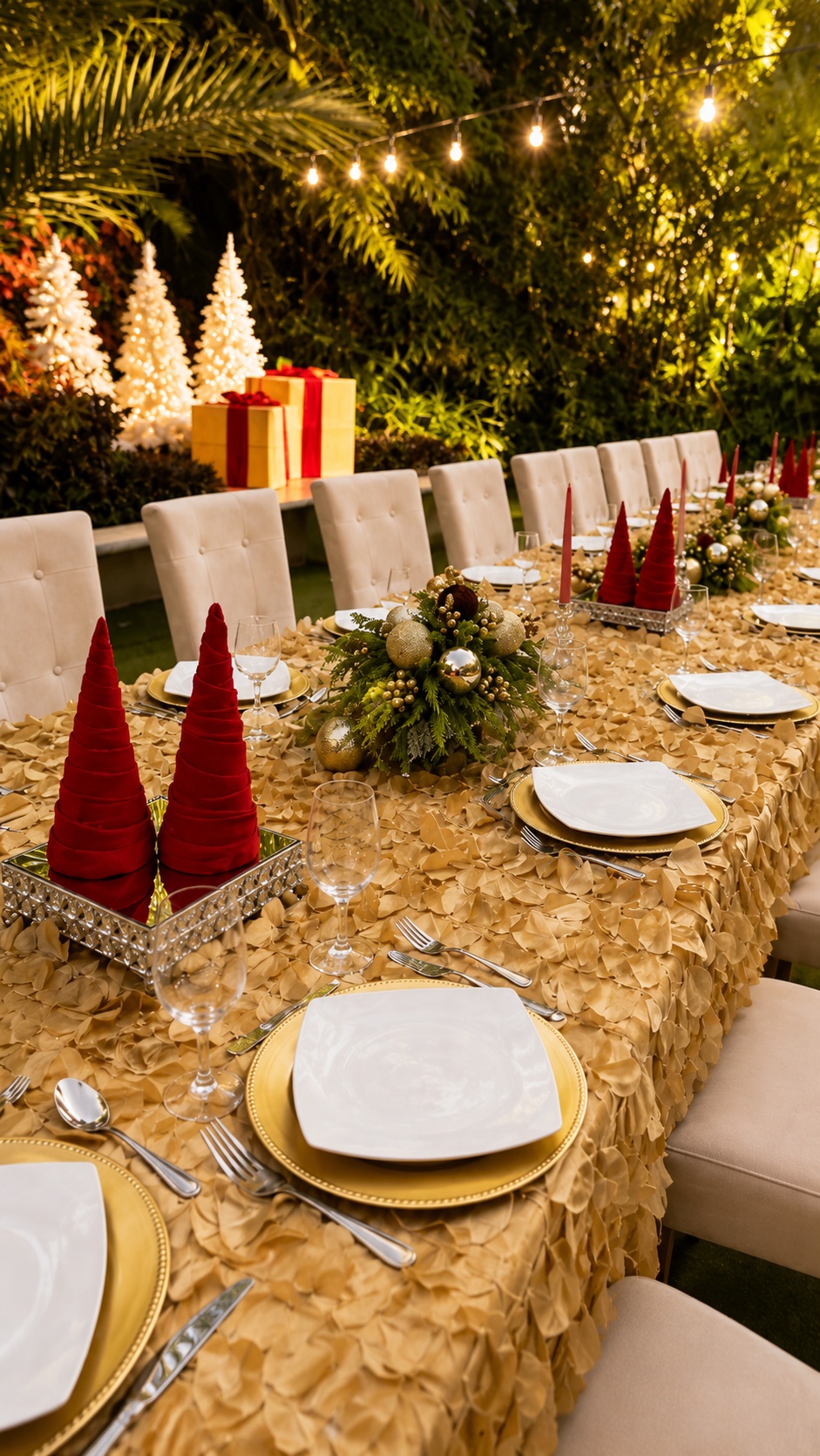 Mesa navideña en jardín iluminado