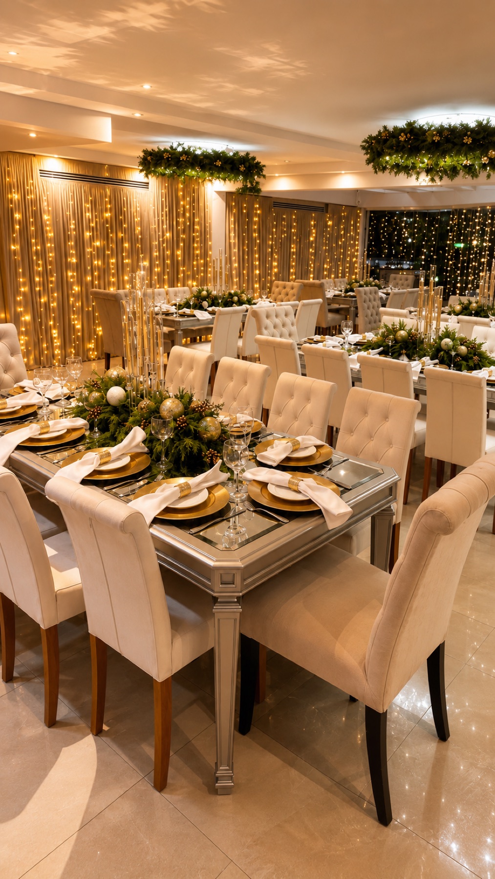 Salón cálido con cortinas de luces