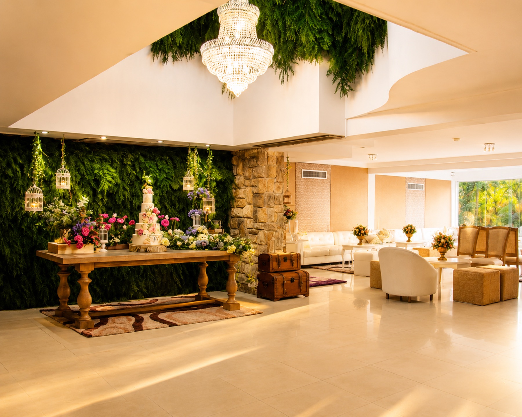 Lobby con mesa dulce y sala lounge