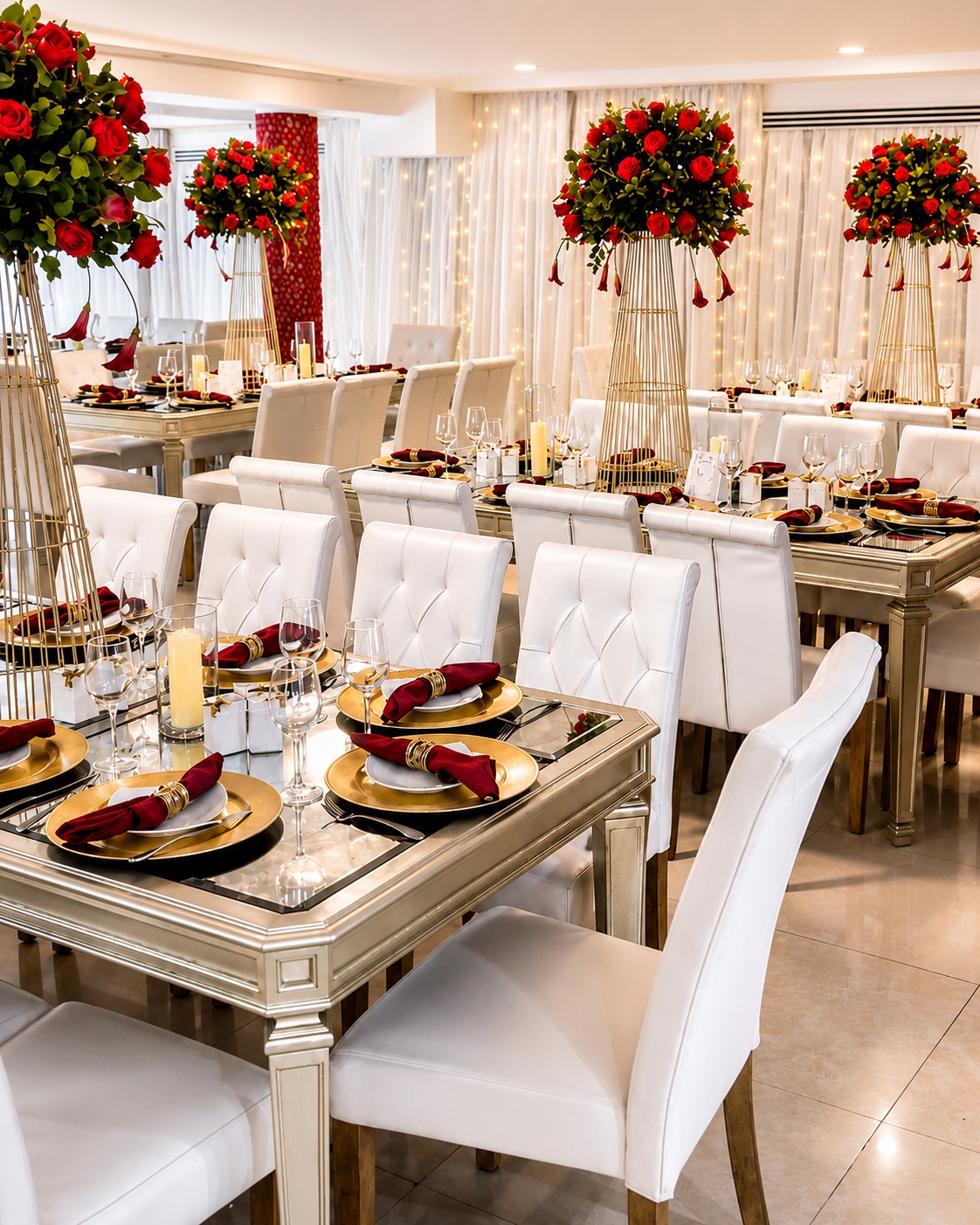 Recepción elegante con rosas rojas en Eventos Oceania