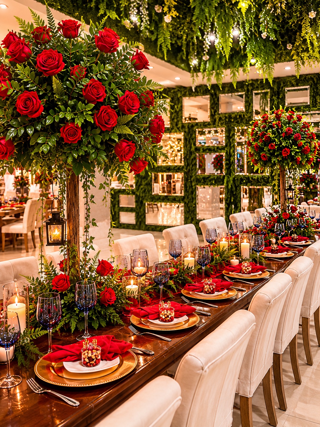 Mesa imperial con rosas rojas