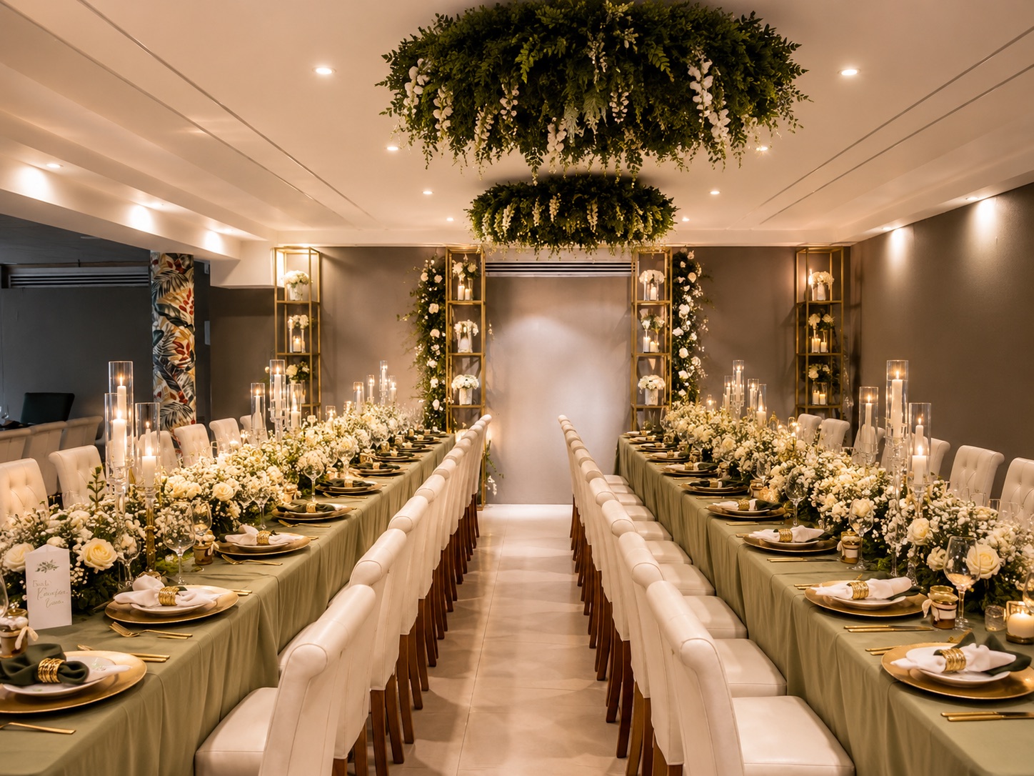 Mesa de boda elegante con flores blancas, velas y montaje verde