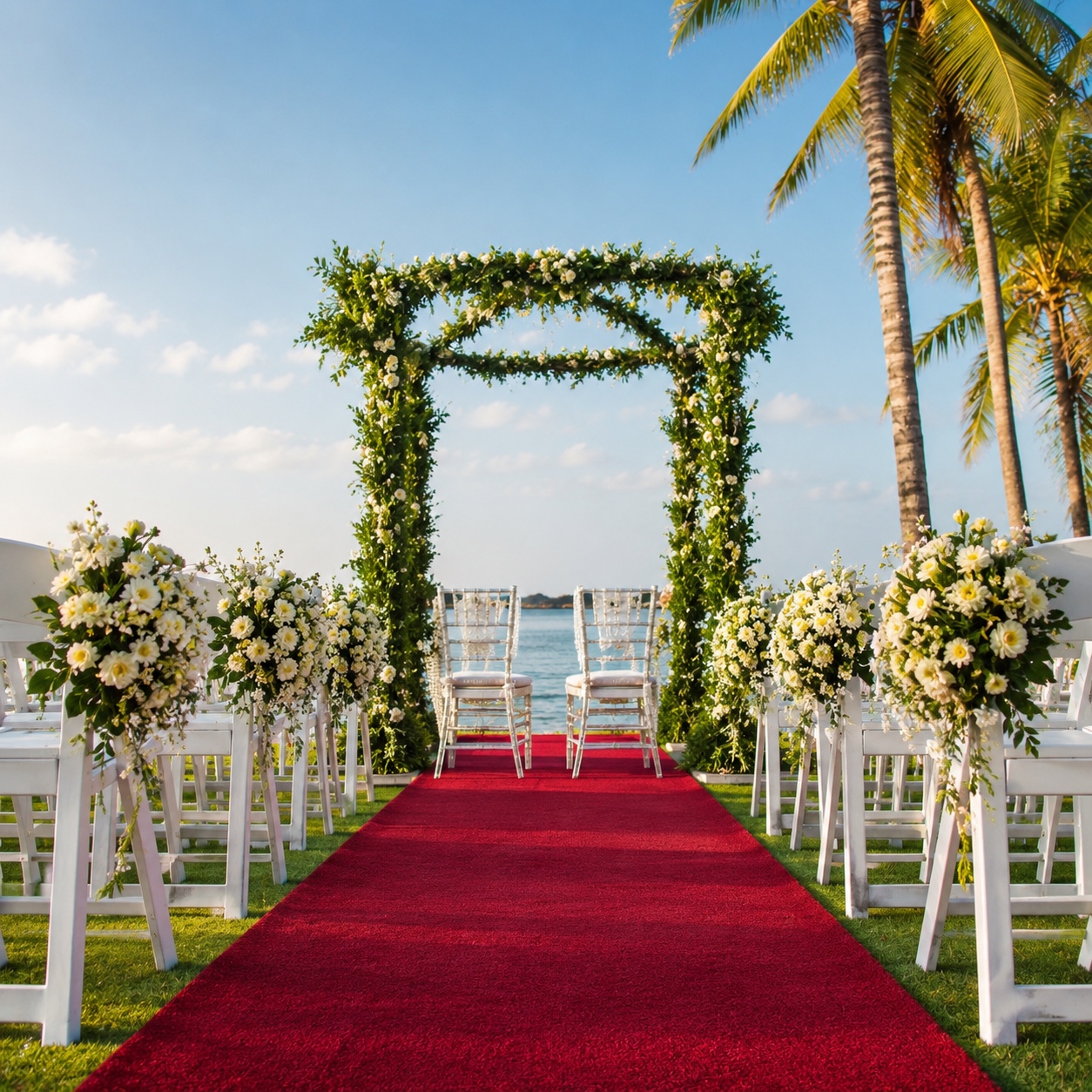 Altar de playa con alfombra roja
