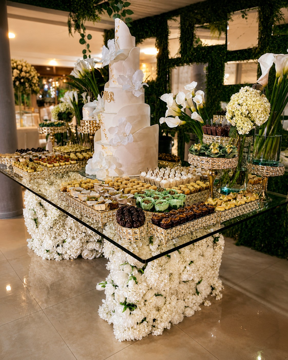 Mesa blanca con cristalería y flores