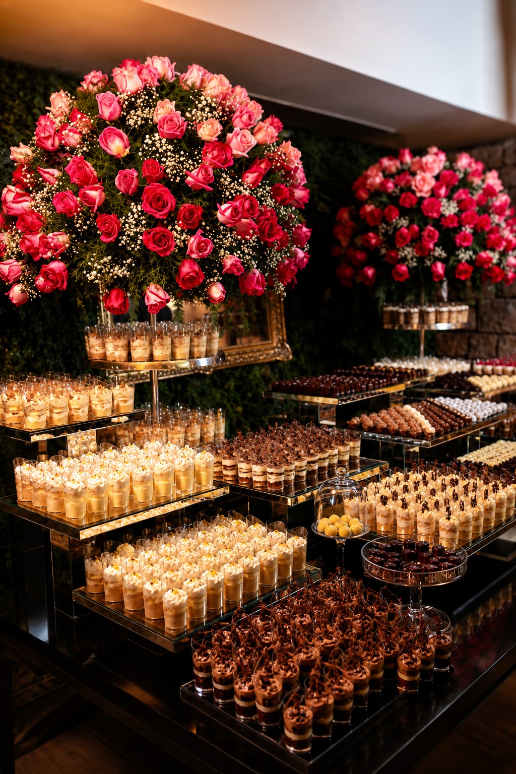 Mesa abundante con rosas y chocolates