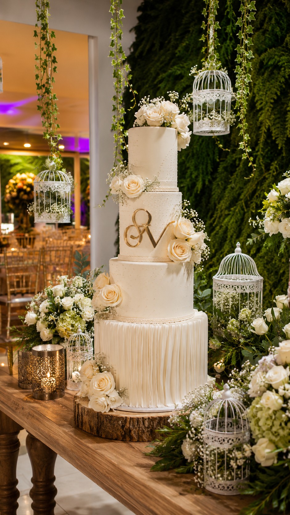 Torta blanca con jardín verde