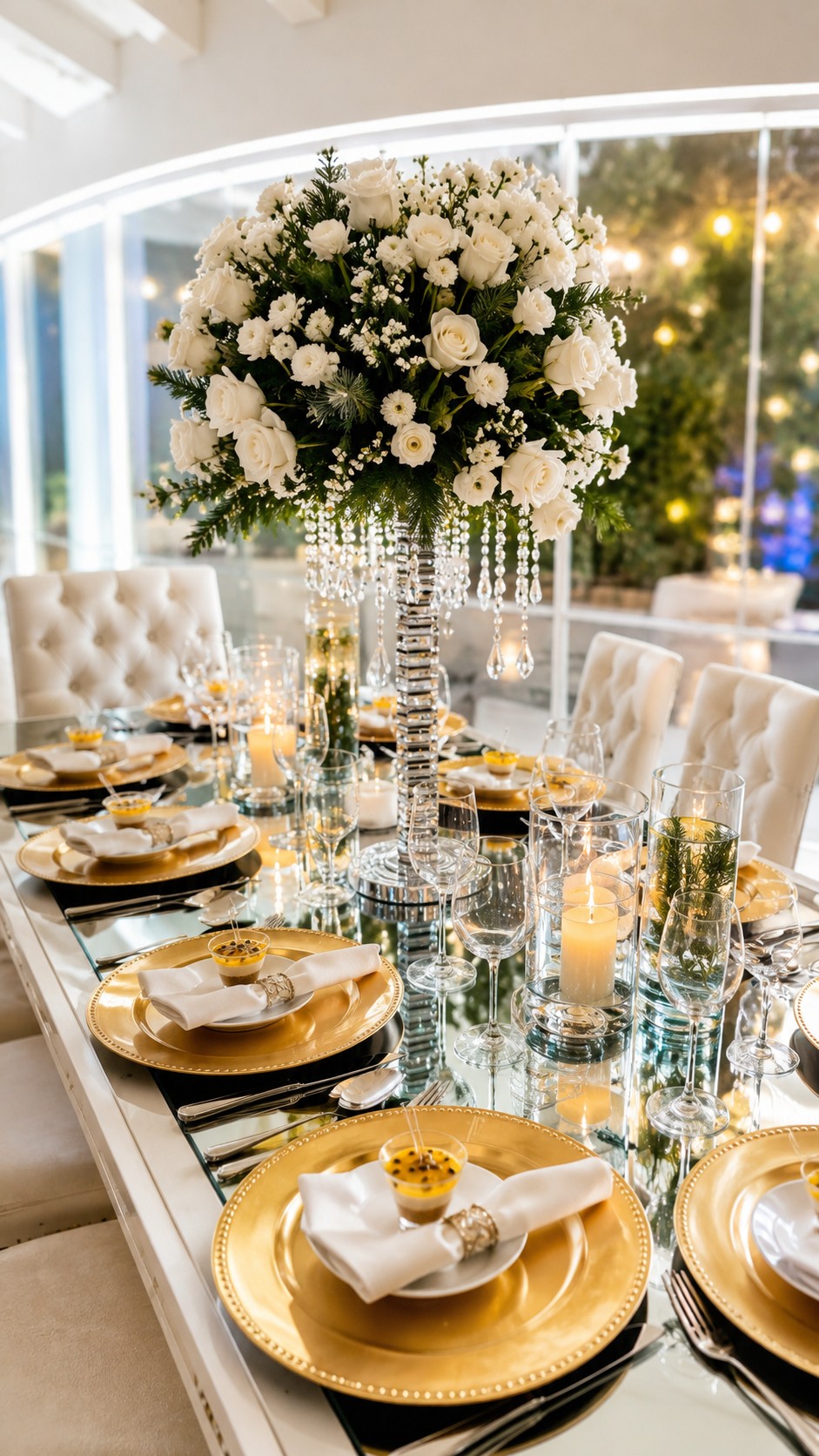 Mesa dorada con cristalería y flores