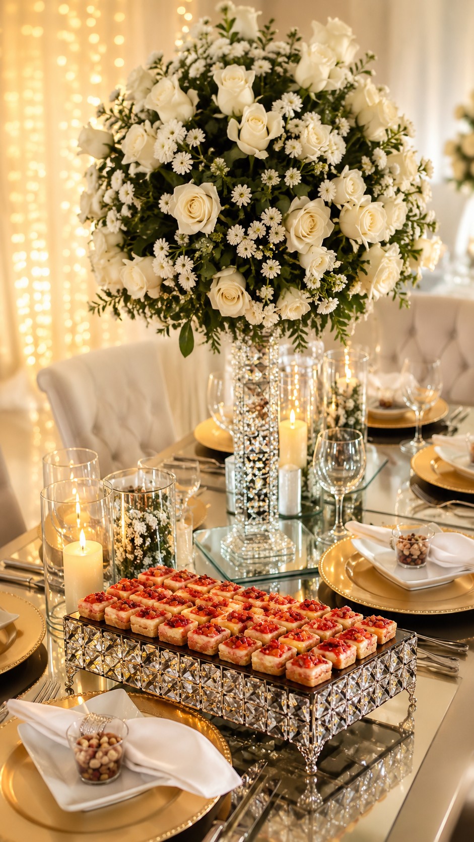 Bocados con arreglo floral blanco