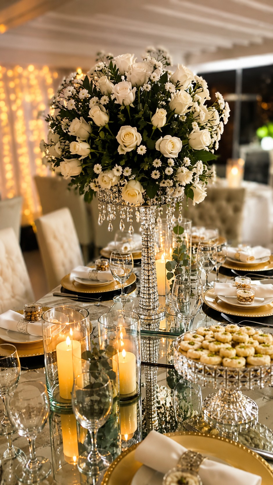 Mesa con velas, cristales y dulces