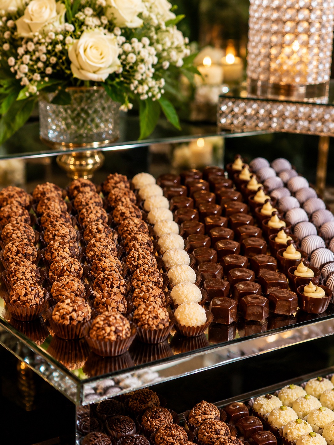 Bombones y flores blancas en mesa de cristal