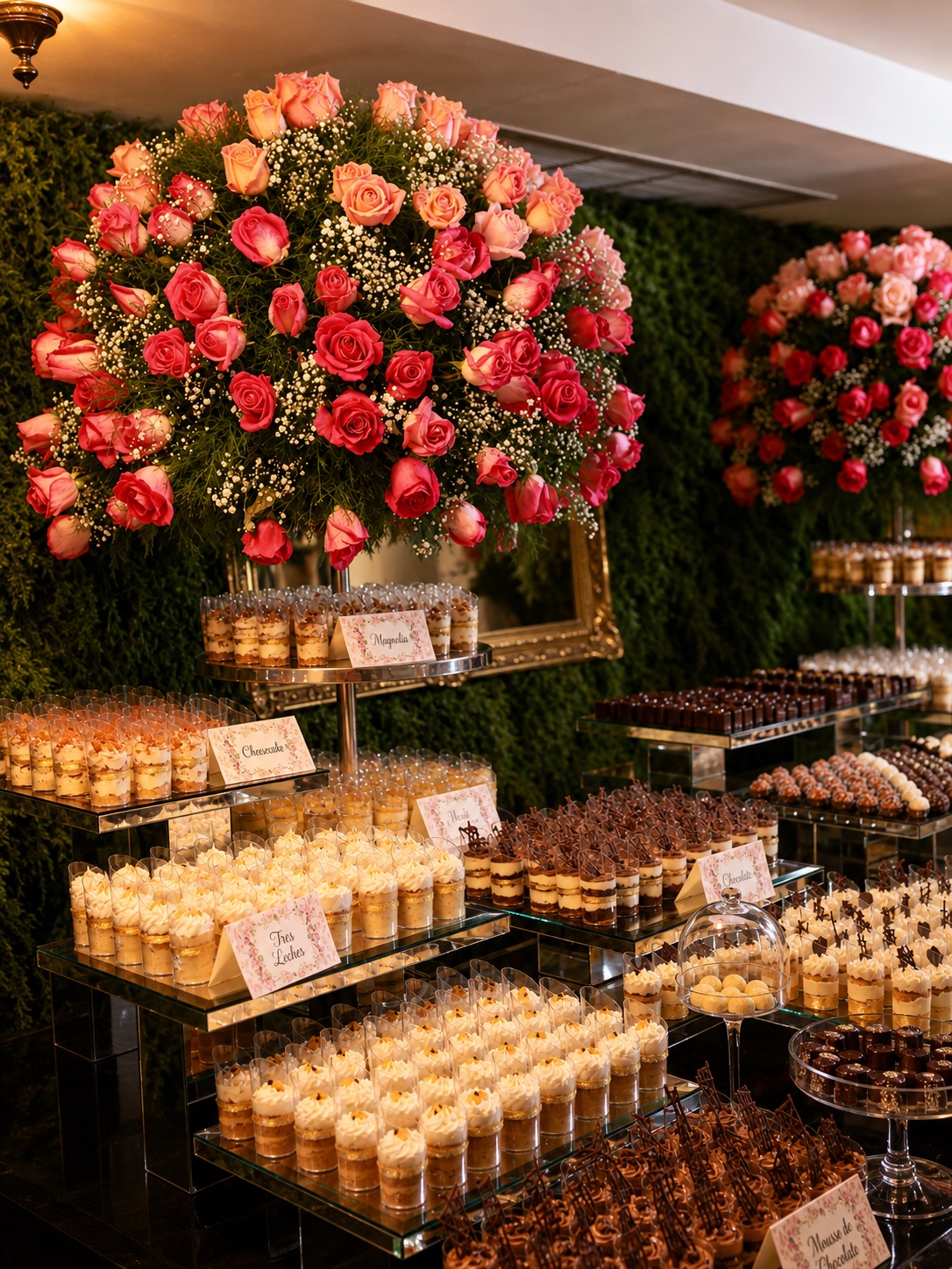 Mesa de dulces con rosas y mini postres