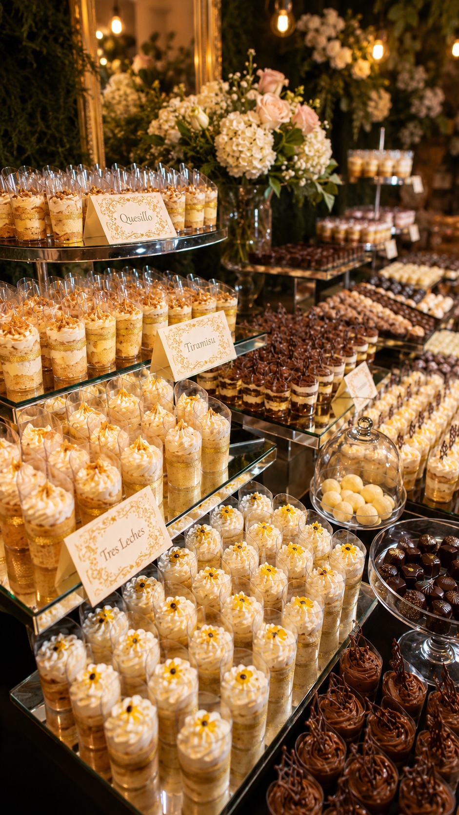 Tres leches, tiramisu y chocolates en cristal
