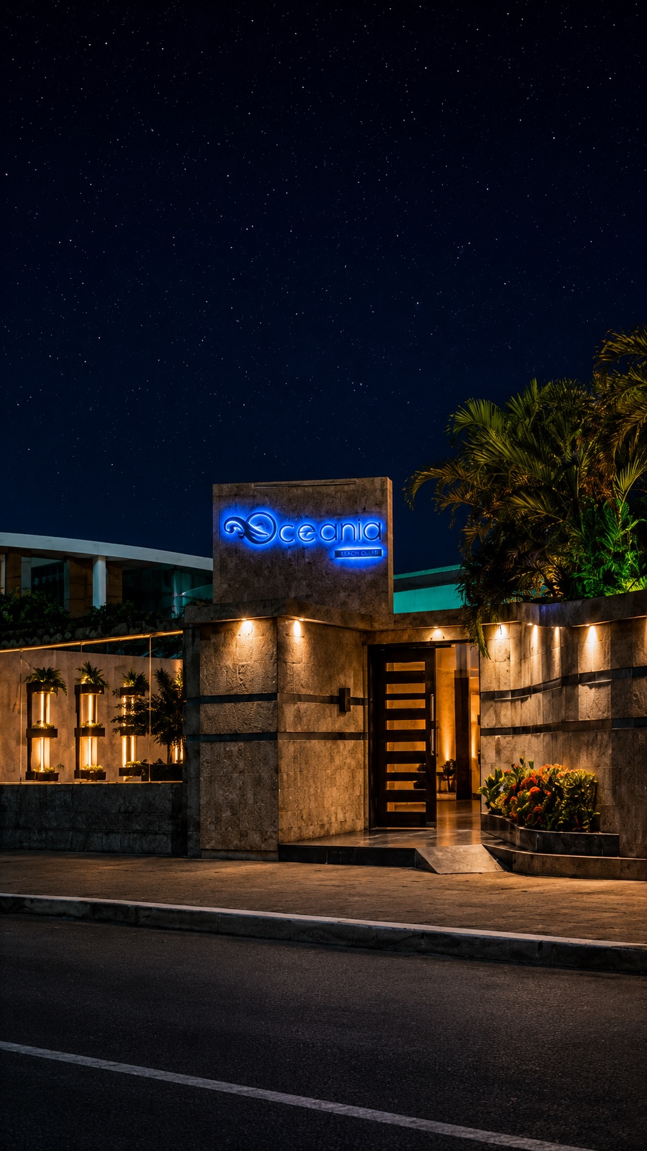 Fachada nocturna de Eventos Oceania