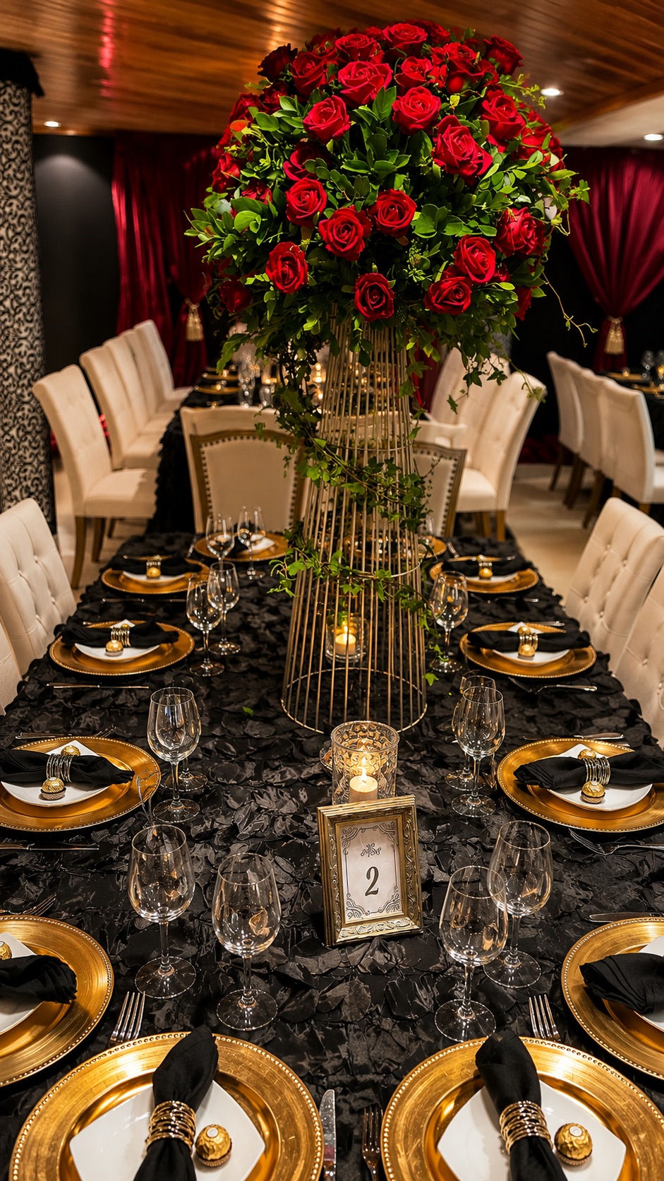 Mesa negra con rosas rojas