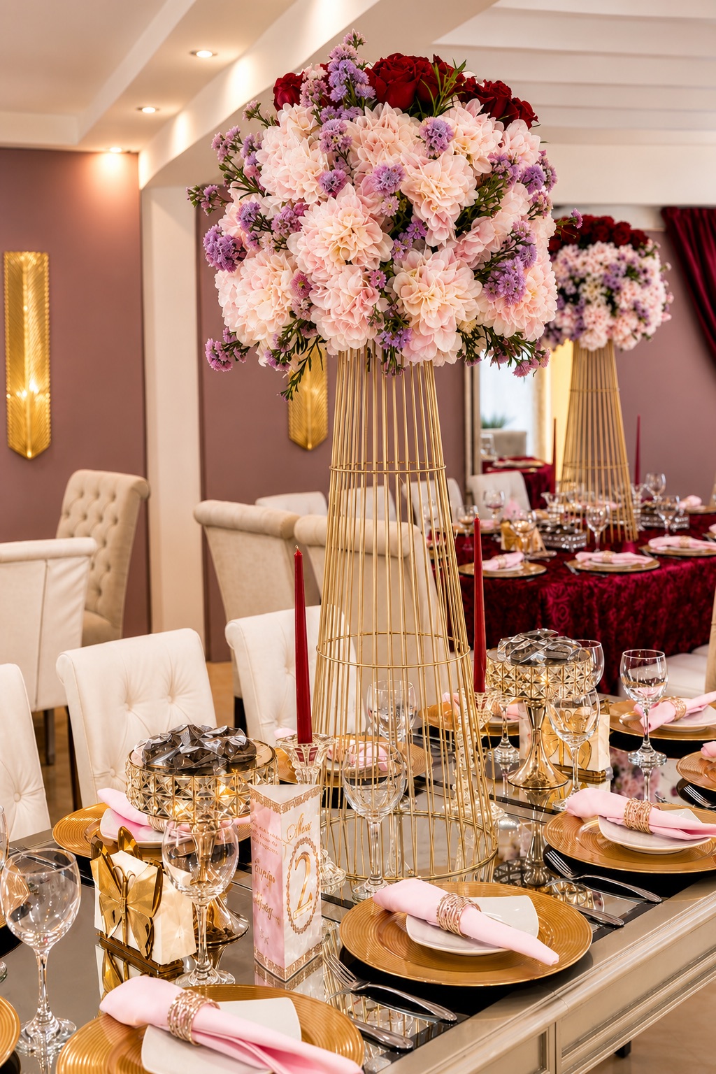 Mesa floral en rosado y dorado