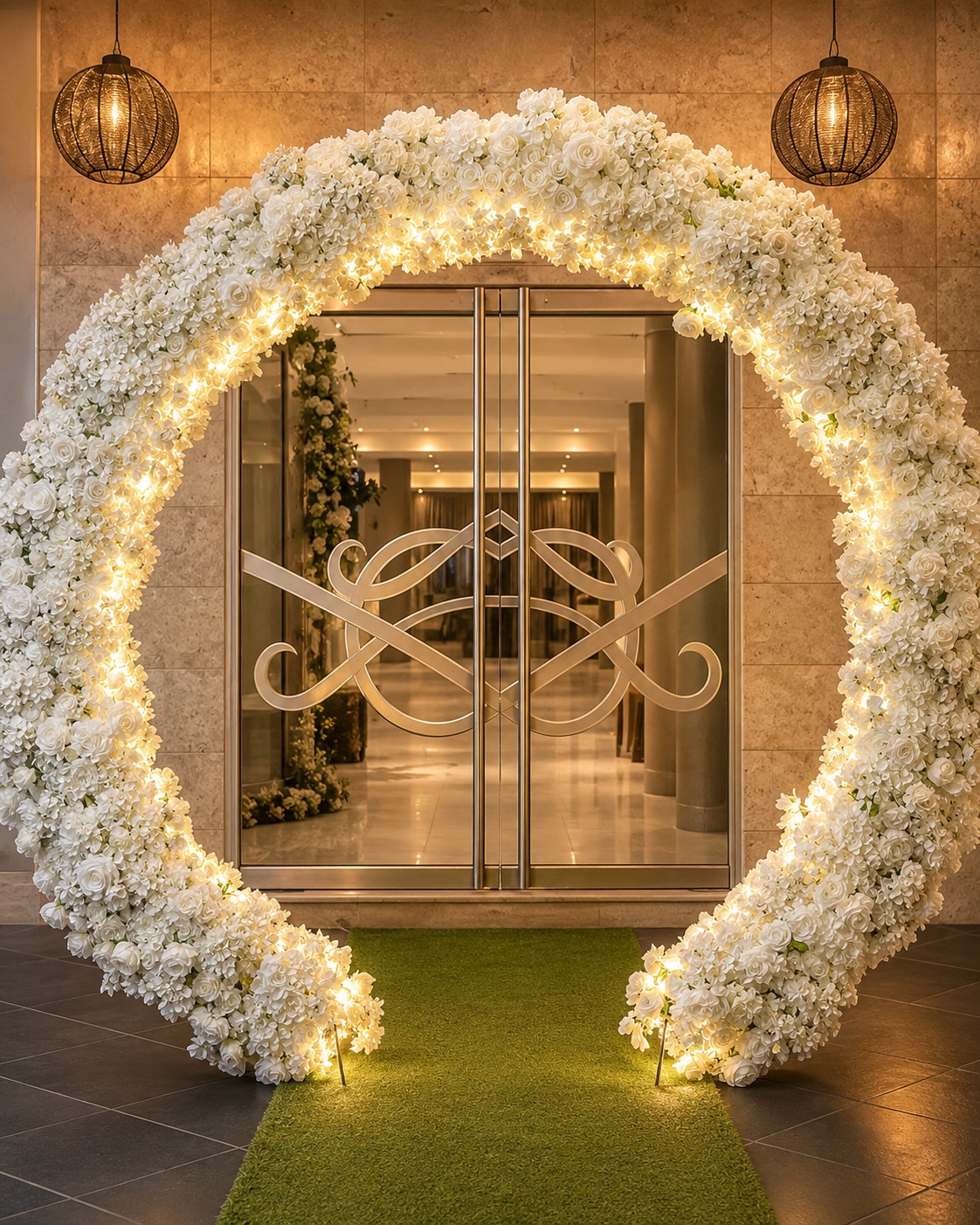 Arco floral blanco iluminado