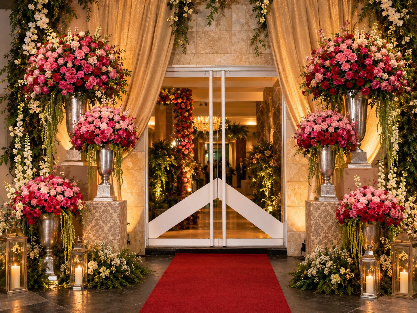 Entrada floral con alfombra roja