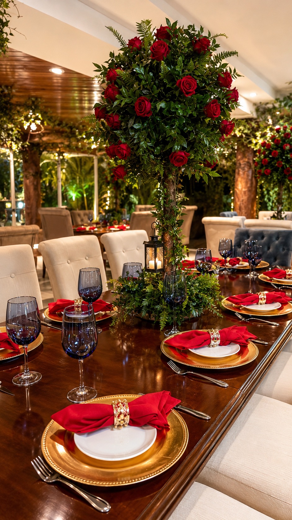 Mesa elegante con rosas rojas